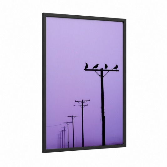 Twilight Perch framed crows and ravens print — black wood frame — lavender and black palette