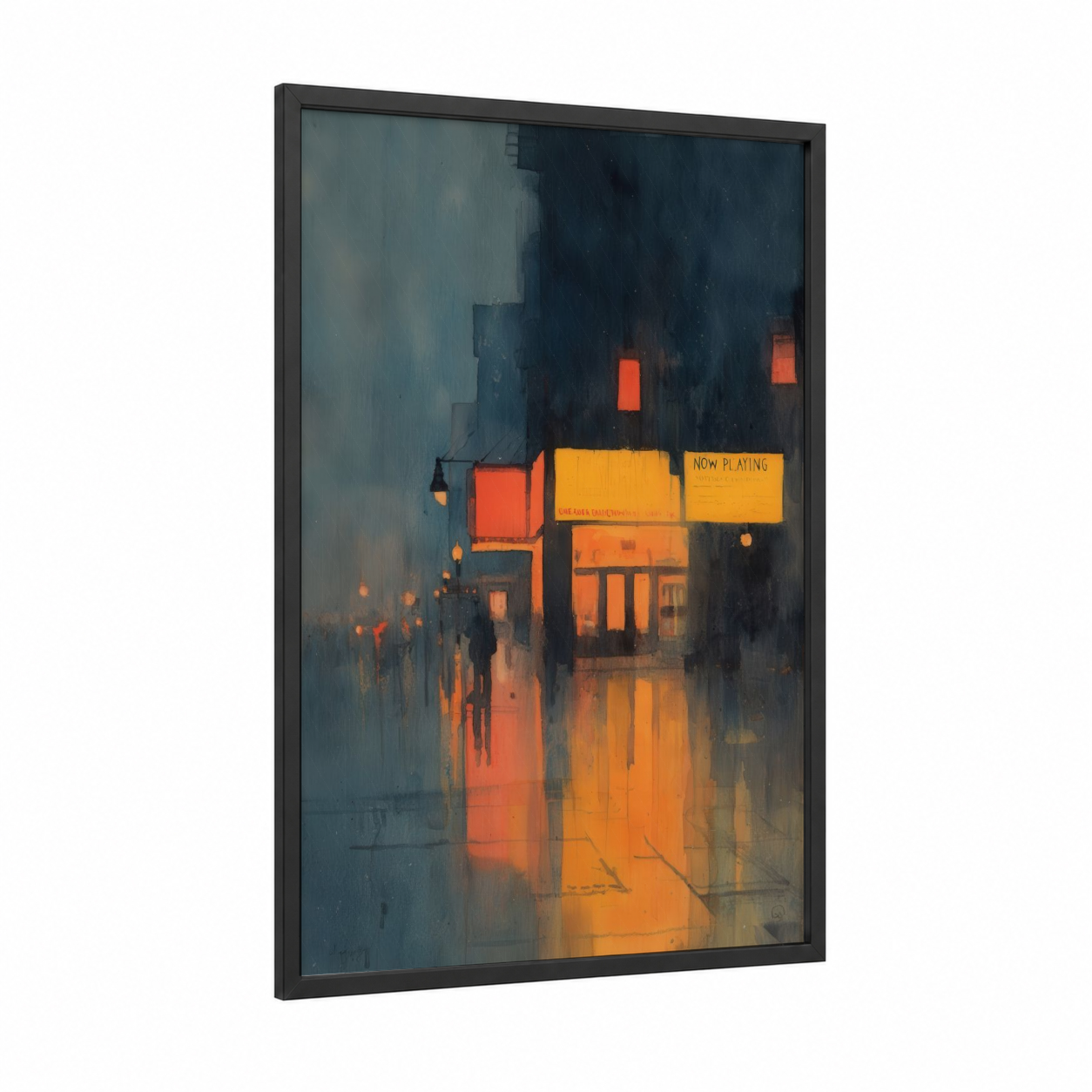 Rainy Theater Night framed art print — black wood frame — orange and gray palette