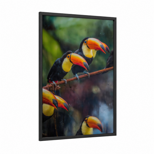 Tropical Toucan Pair framed art print — black wood frame — orange and black and white palette