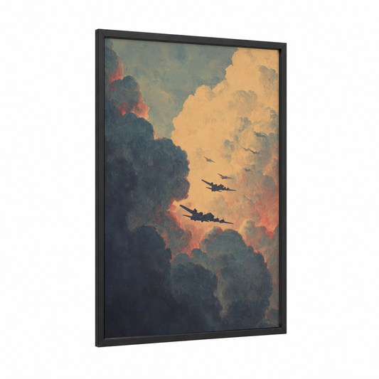 Wartime Squadron framed military plane print — black wood frame — gold and black and red palette