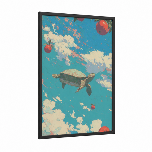 Surreal Turtle Sky framed art print — black wood frame — turquoise and cream palette
