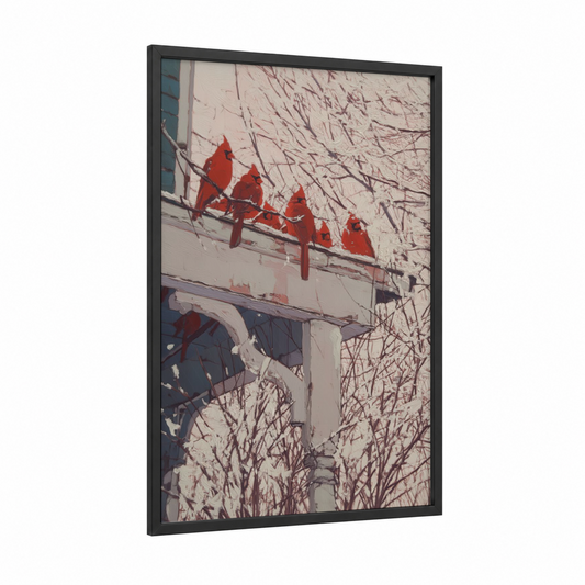 Cardinal Perch framed art print — black wood frame — red and gray palette