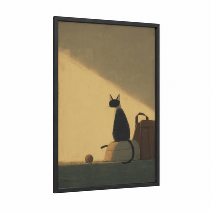 Sunlit Cricket Player framed art print — black wood frame — gold and black and white palette