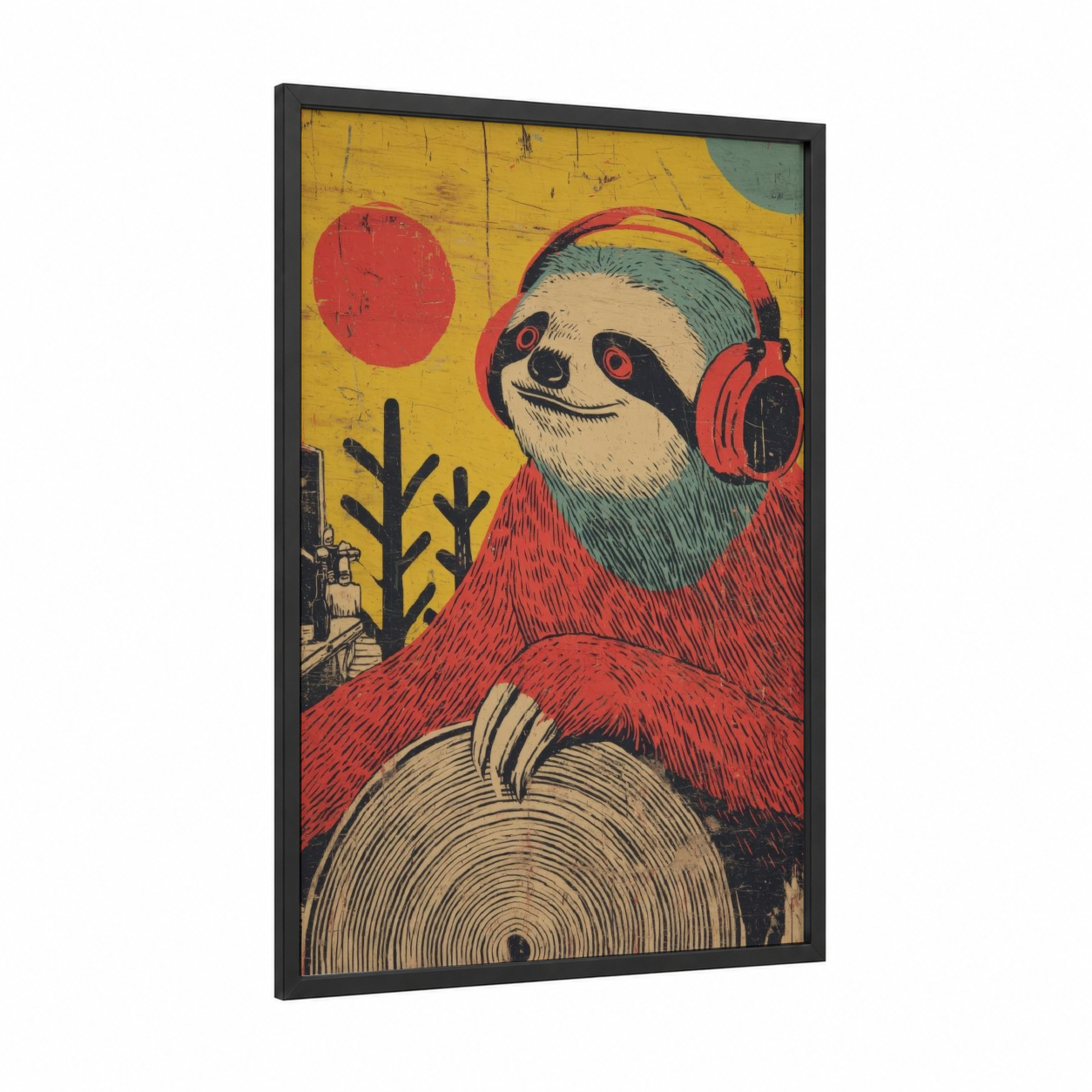 Musical Sloth framed art print — black wood frame — gold and red palette