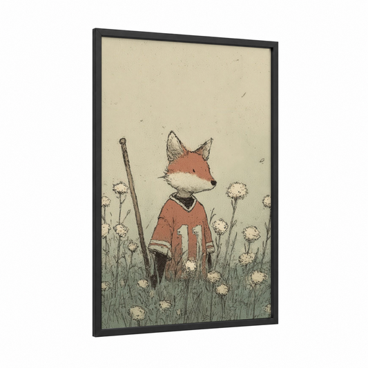 Fox Lacrosse framed art print — black wood frame — russet and cream palette