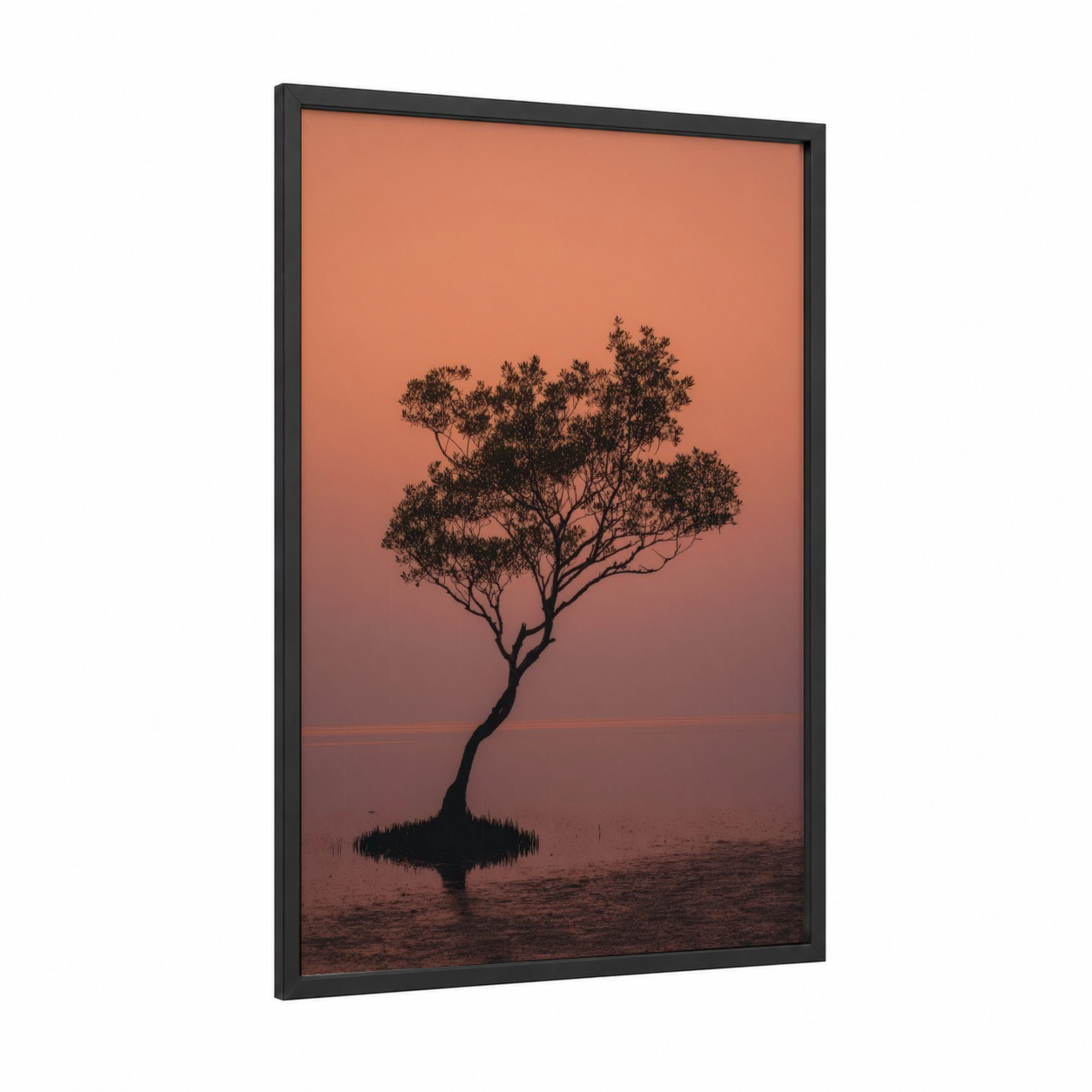 Solitary Mangrove framed art print — black wood frame — peach and salmon pink palette