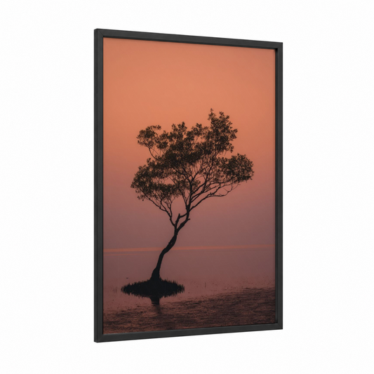 Solitary Mangrove framed art print — black wood frame — peach and salmon pink palette
