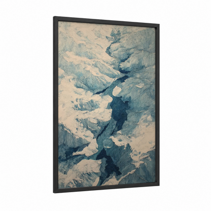Alpine Glacier Valley framed art print — black wood frame — blue and white and gray palette