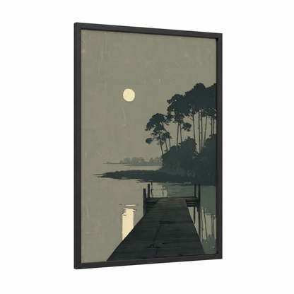 Moonlit Dock framed docks and piers print — black wood frame — gray and cream palette