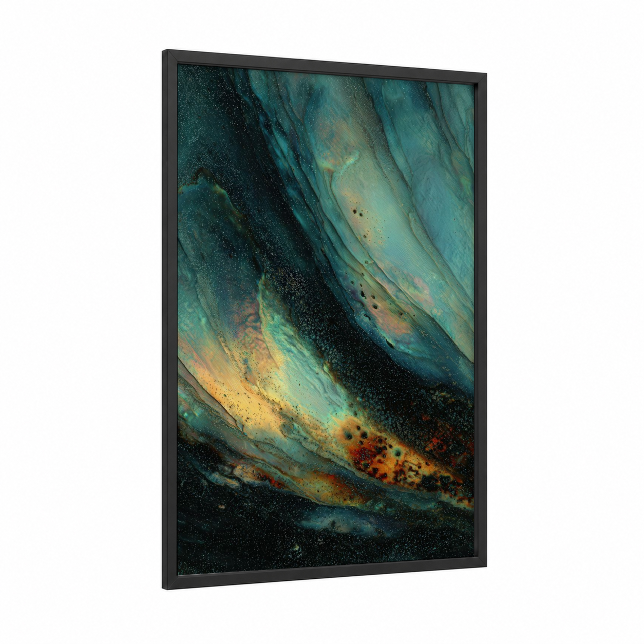 Cosmic Seashell framed art print — black wood frame — teal and gold palette