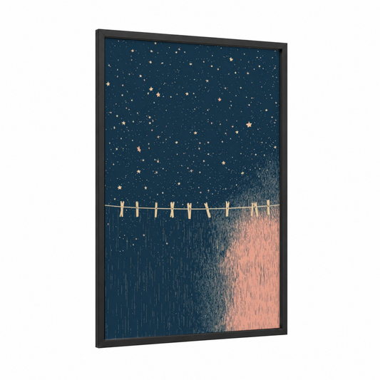Starry Clothesline framed galaxy print — black wood frame — dark blue and salmon pink palette