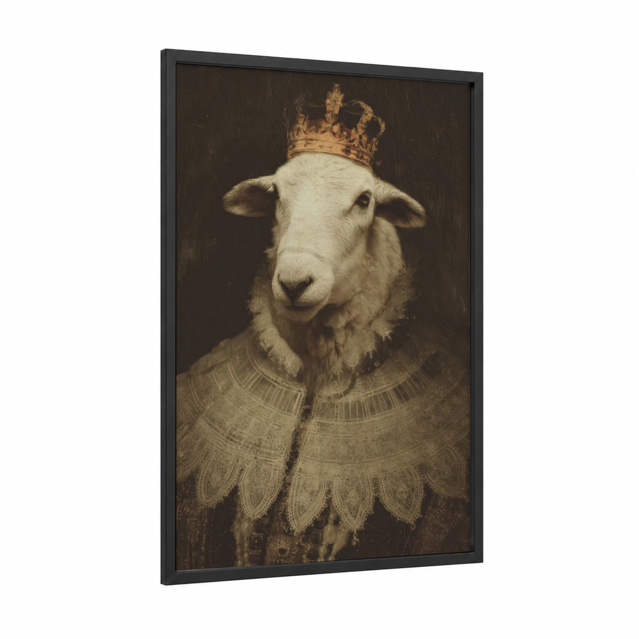 Royal Sheep Portrait framed art print — black wood frame — brown and white palette