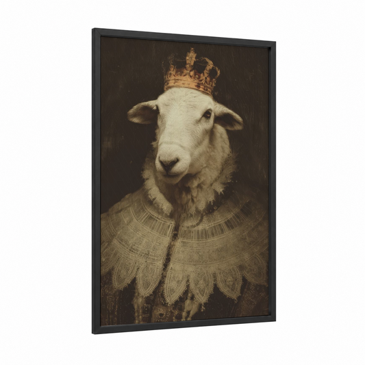 Royal Sheep Portrait framed art print — black wood frame — brown and white palette