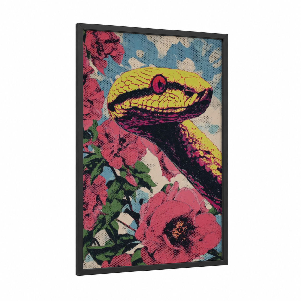 Crimson Garden Boa framed boa constrictor print — black wood frame — magenta and yellow gold palette