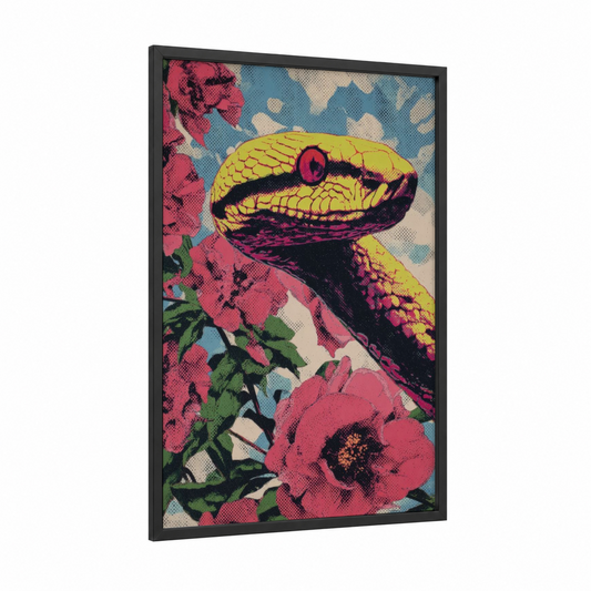 Crimson Garden Boa framed boa constrictor print — black wood frame — magenta and yellow gold palette