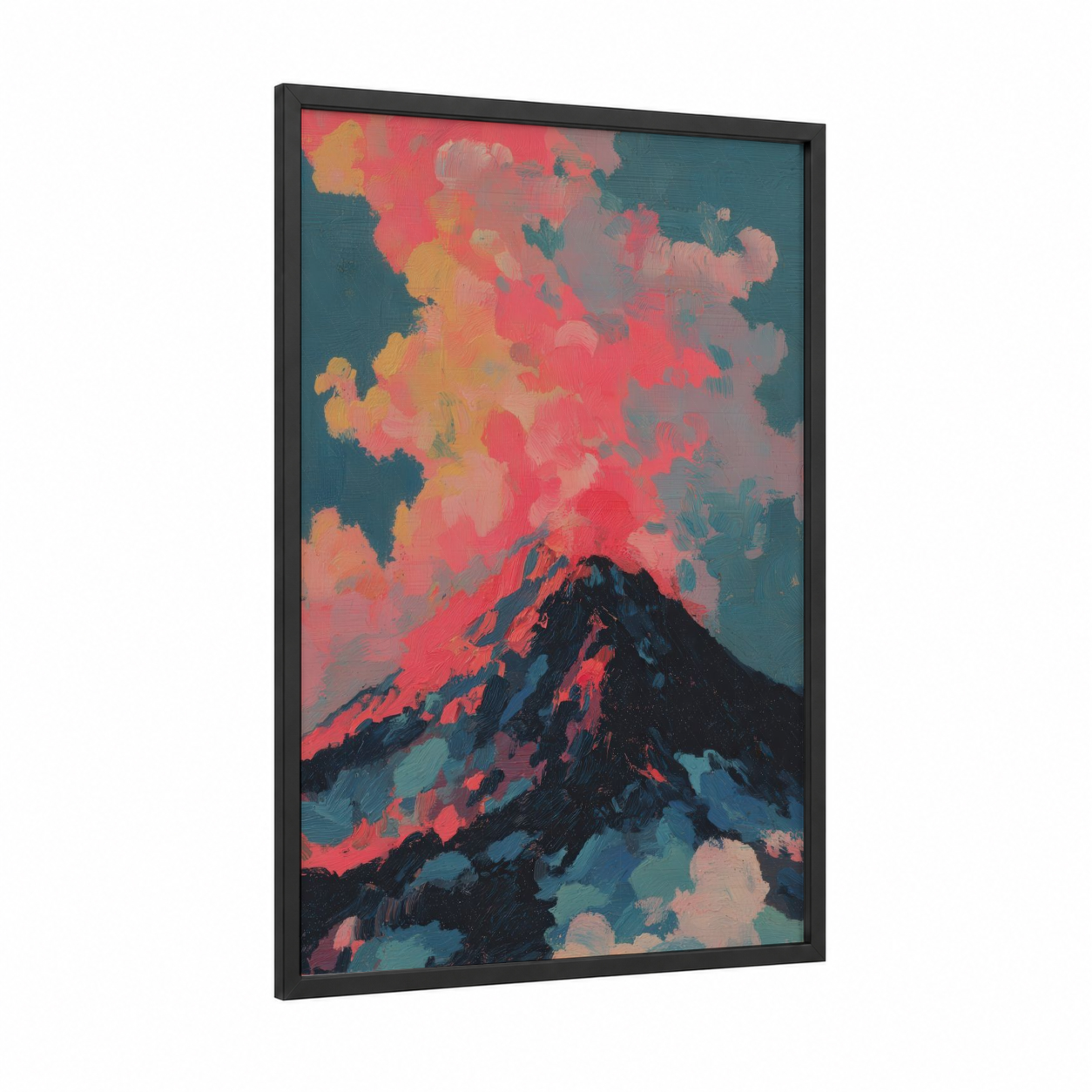 Crimson Volcano framed art print — black wood frame — red and teal palette