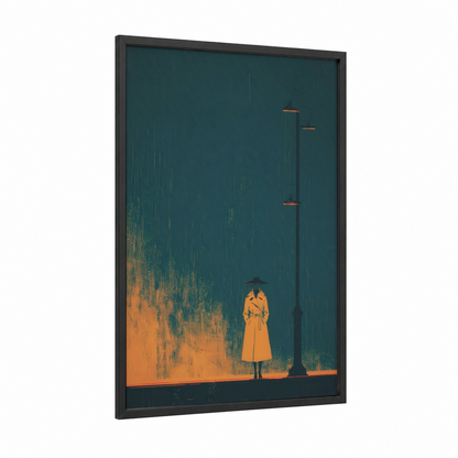 Rainy Street Fashion framed fashion illustration print — black wood frame — teal and gold palette