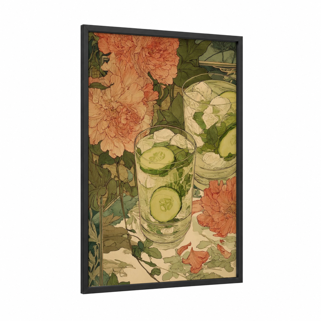 Cucumber Refresher framed cocktail print — black wood frame — peach and sage green palette