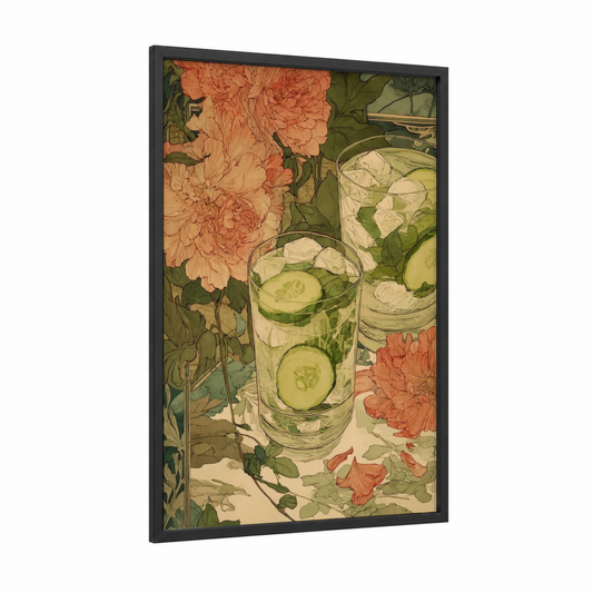 Cucumber Refresher framed cocktail print — black wood frame — peach and sage green palette