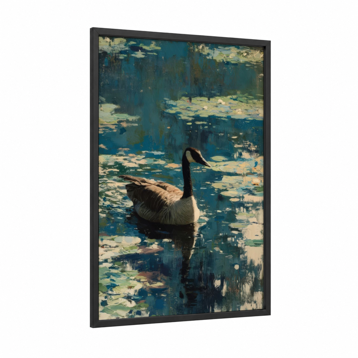 Tranquil Goose framed geese print — black wood frame — teal and cream palette