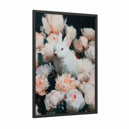 Floral Rabbit framed art print — black wood frame — white and salmon pink palette