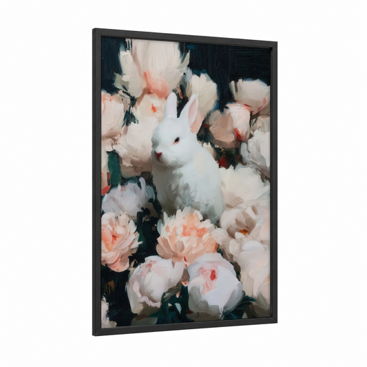 Floral Rabbit framed art print — black wood frame — white and salmon pink palette