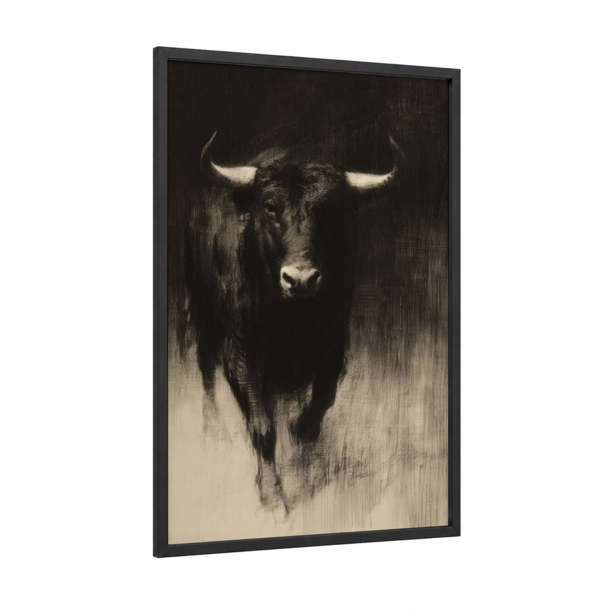 Majestic Bull Portrait framed art print — black wood frame — black and white and cream palette