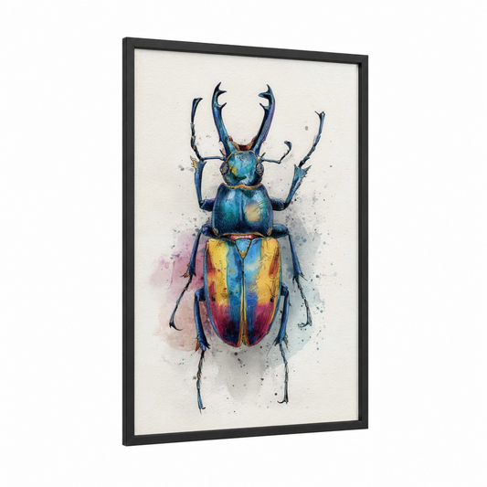 Stag Beetle Jewel framed art print — black wood frame — blue and gold palette
