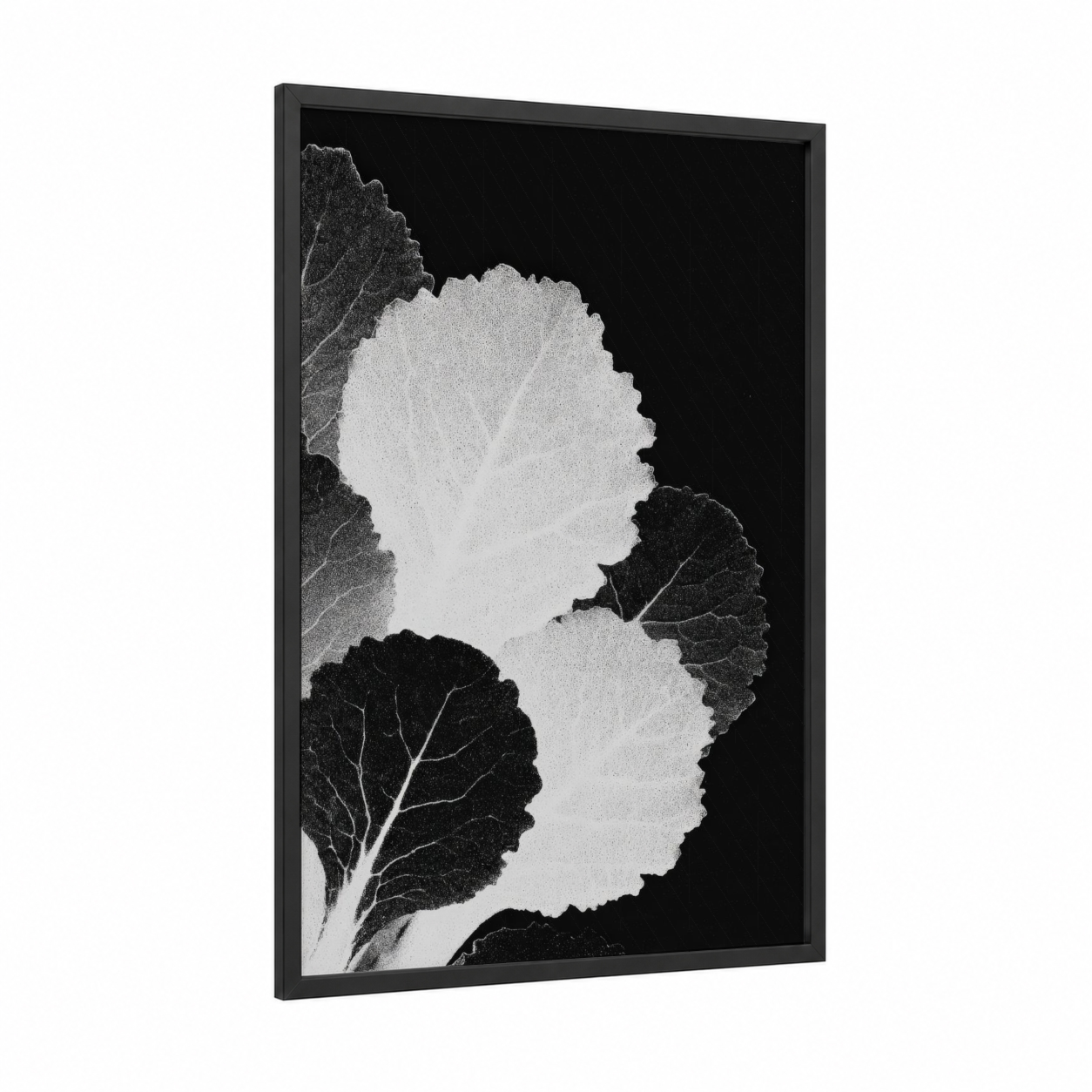 Monochrome Salad Leaves framed art print — black wood frame — black and white palette