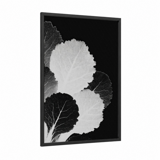 Monochrome Salad Leaves framed art print — black wood frame — black and white palette