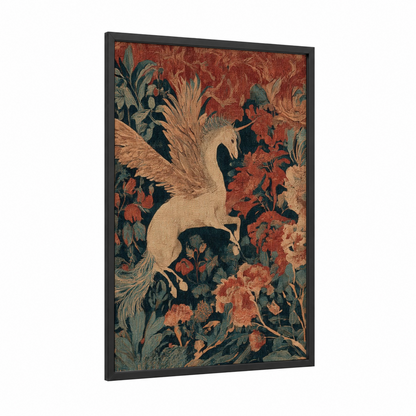 Mythical Pegasus framed art print — black wood frame — russet and teal palette