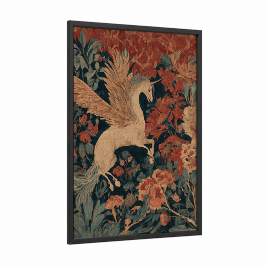 Mythical Pegasus framed art print — black wood frame — russet and teal palette