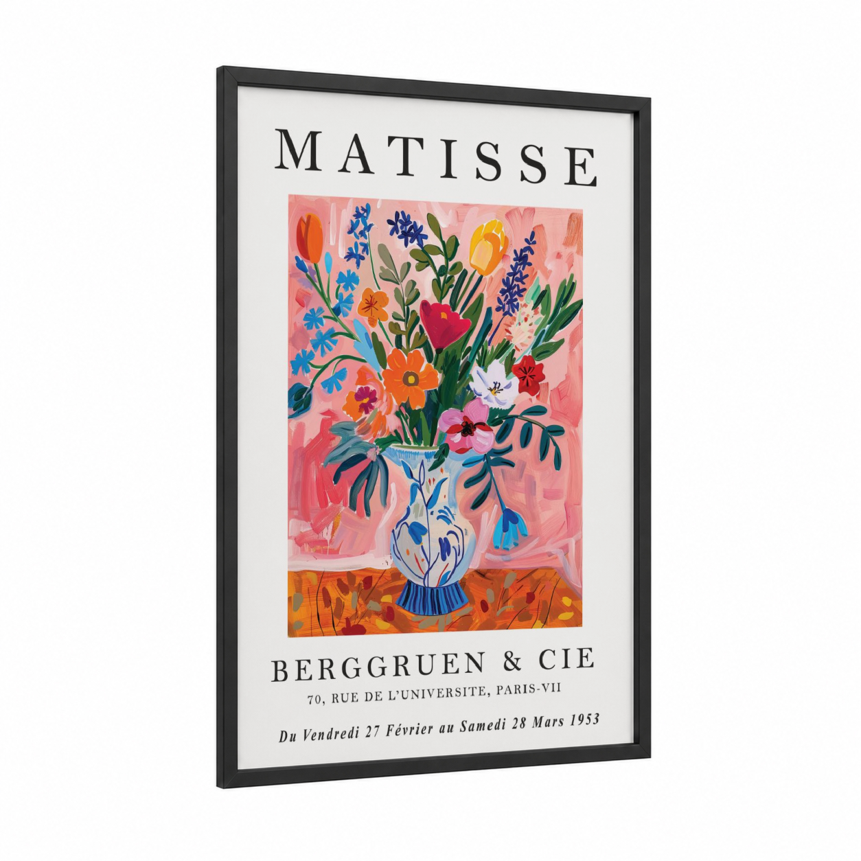 Matisse Bouquet framed abstract flower print — black wood frame — pink and blue palette
