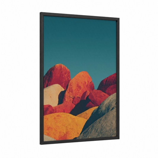 Crimson Desert Dune framed art print — black wood frame — russet and teal palette