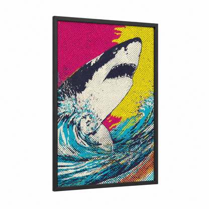 Pop Art Shark framed bull shark print — black wood frame — magenta and yellow gold palette