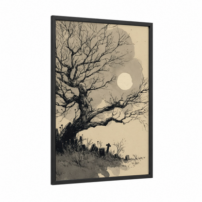 Moonlit Linden framed linden tree print — black wood frame — black and cream palette