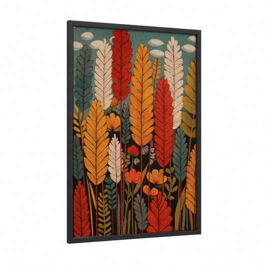 Autumn Grain Field framed art print — black wood frame — gold and teal palette