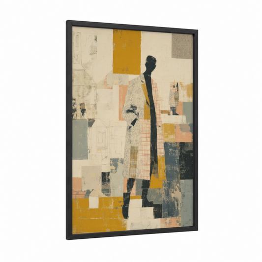 Abstract Gentleman framed men's fashion print — black wood frame — mustard and cream palette