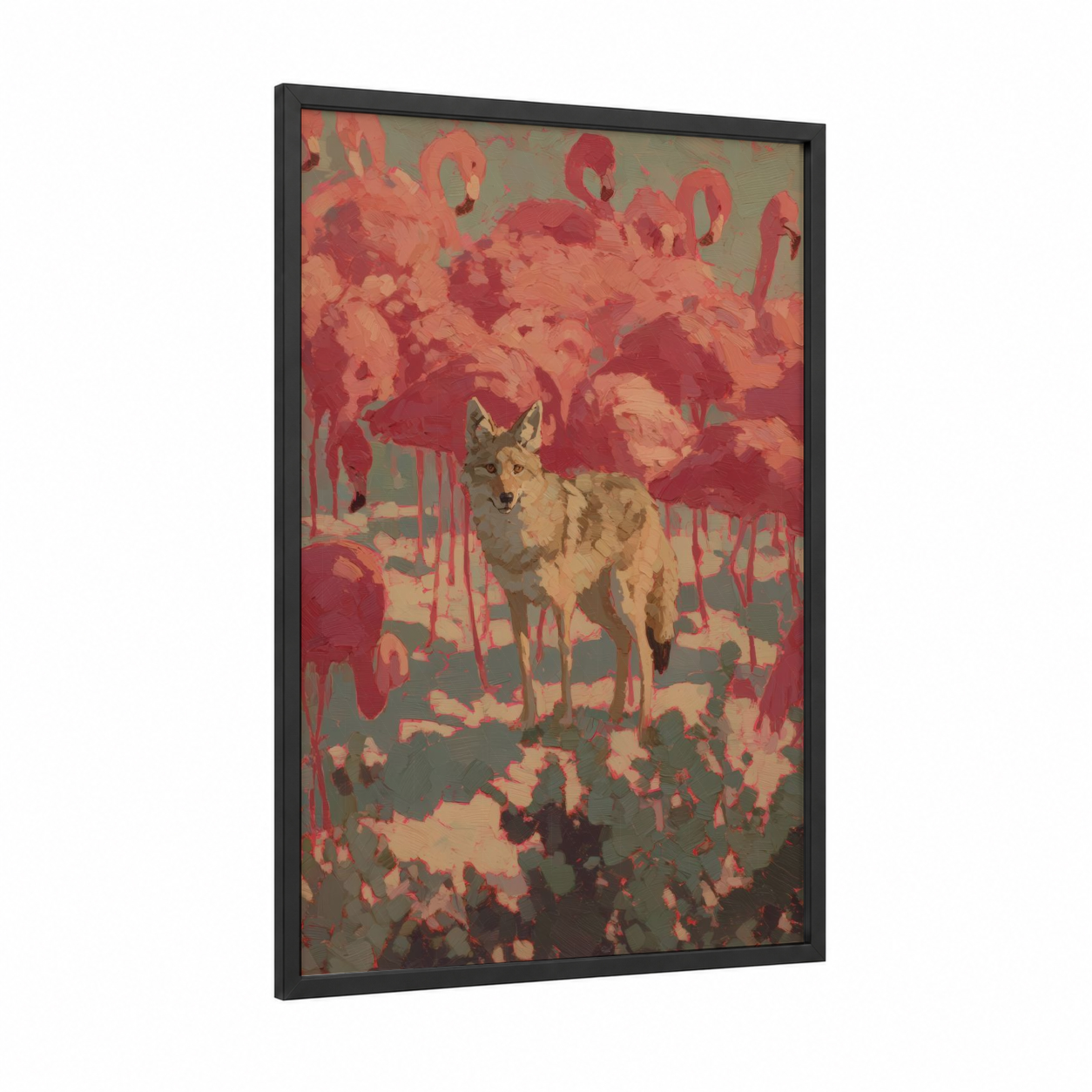 Flamingo Coyote framed art print — black wood frame — red and sage green palette