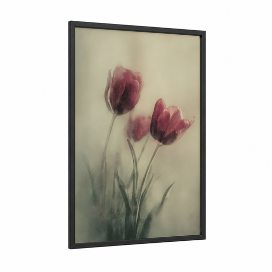 Crimson Tulips framed art print — black wood frame — maroon and beige palette