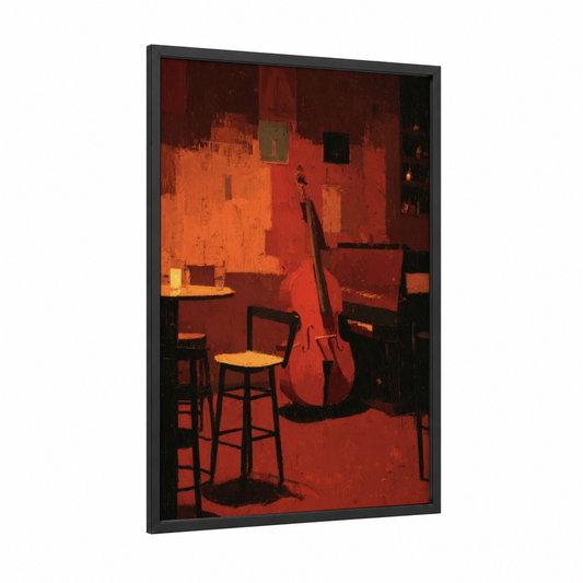 Jazz Club Cello framed art print — black wood frame — red and gold palette