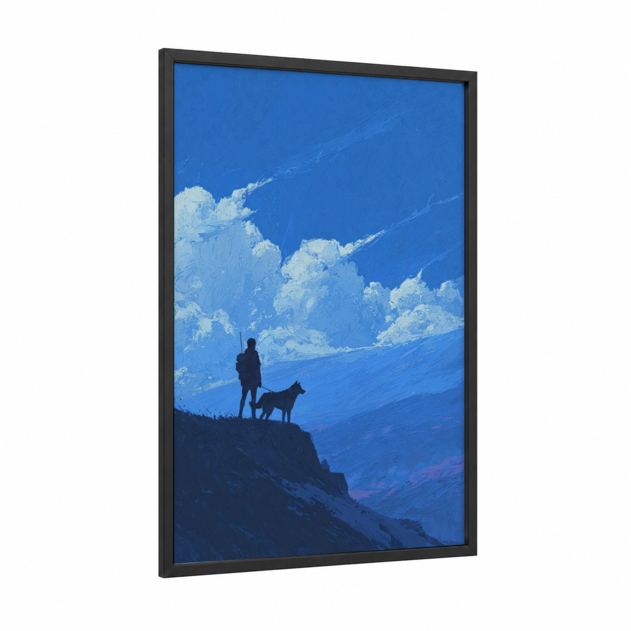 Mountain Adventure framed kids animals print — black wood frame — blue and white palette