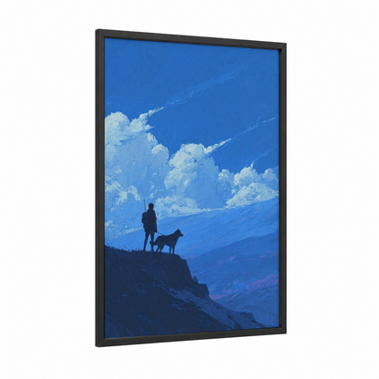 Mountain Adventure framed kids animals print — black wood frame — blue and white palette