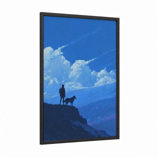 Mountain Adventure framed kids animals print — black wood frame — blue and white palette