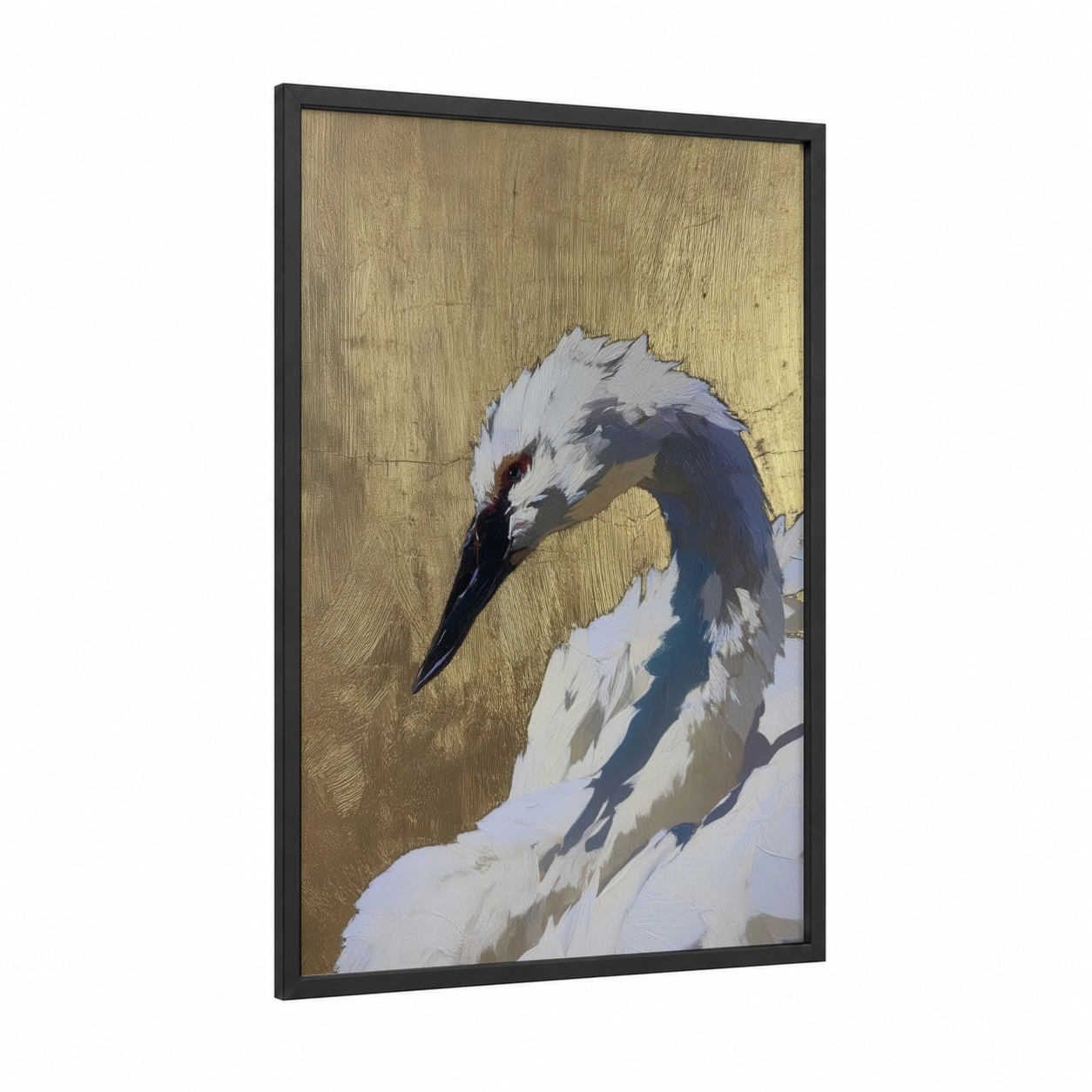 Elegant Swan Portrait framed art print — black wood frame — gold and white palette