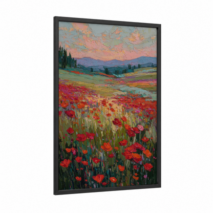 Tuscan Ranunculus framed art print — black wood frame — red and gold palette