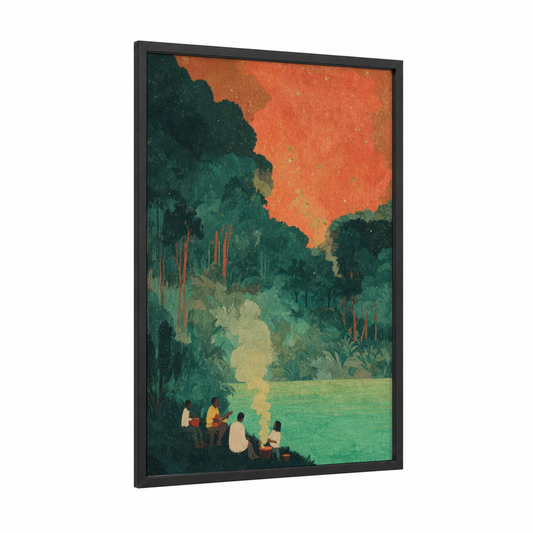 Reggae Riverside framed art print — black wood frame — teal and orange palette