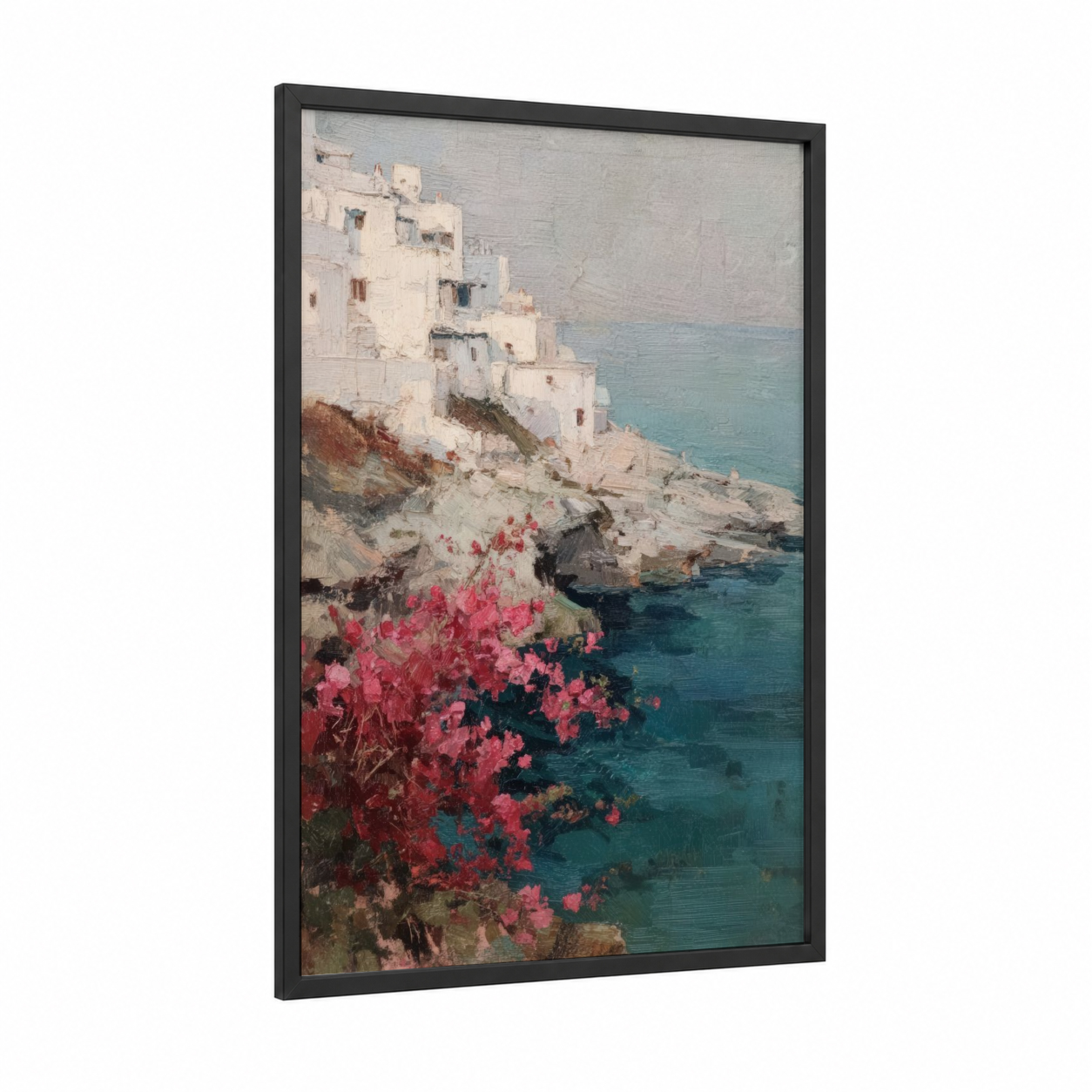 Coastal Paradise Island framed art print — black wood frame — turquoise and salmon pink palette