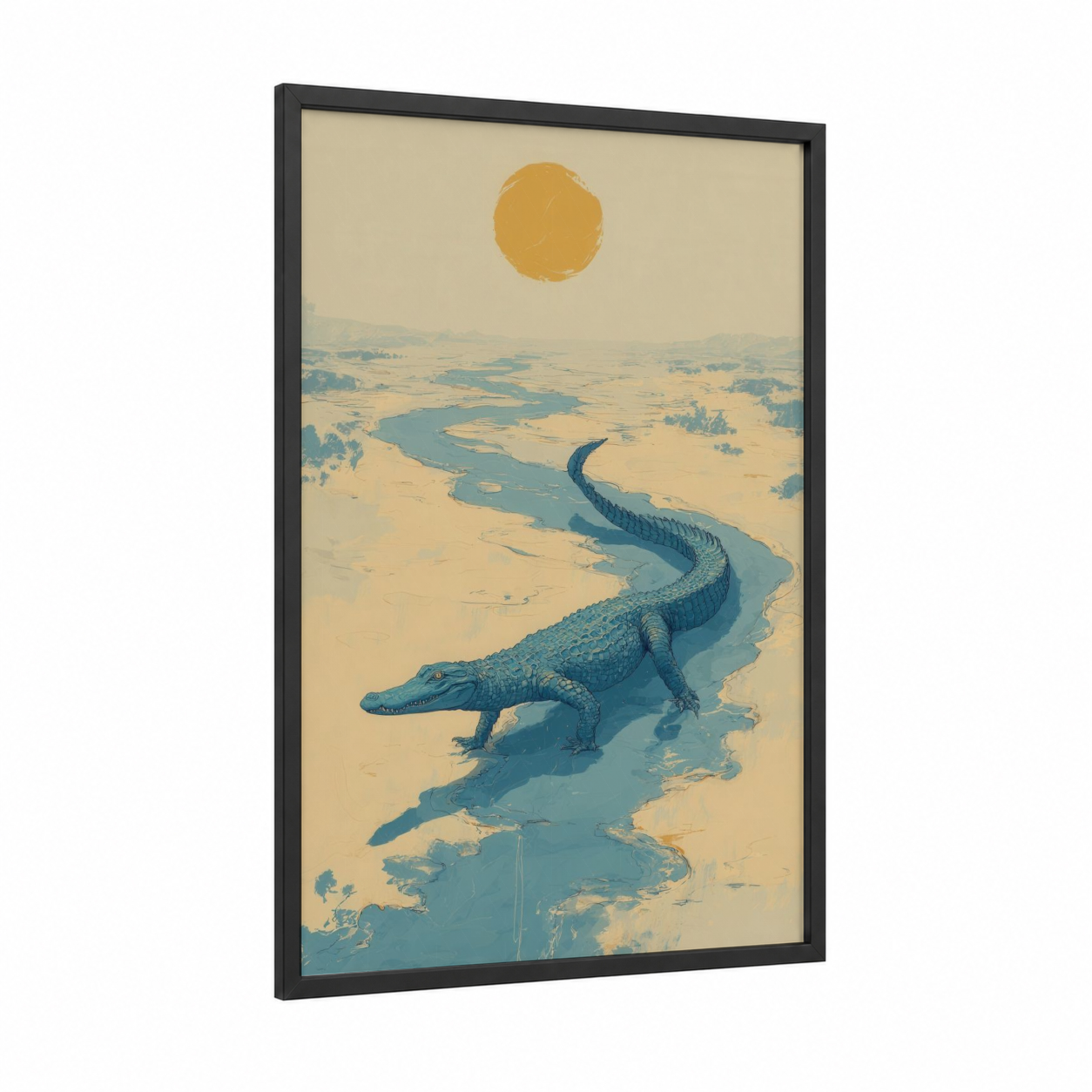 Desert Alligator framed art print — black wood frame — gold and blue palette
