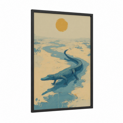 Desert Alligator framed art print — black wood frame — gold and blue palette